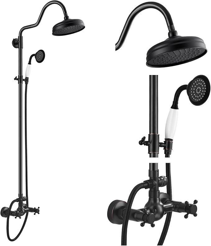 gotonovo Exposed Shower Faucet Set Luxury,Oil Rubbed Bronze,Curved Arc Rod | Bathroom 8” Shower Head with Handheld Spray System Fixtures,Vintage Two Cross Handle,Wall Mount,for 5-6.7" Hole,Adjust Height