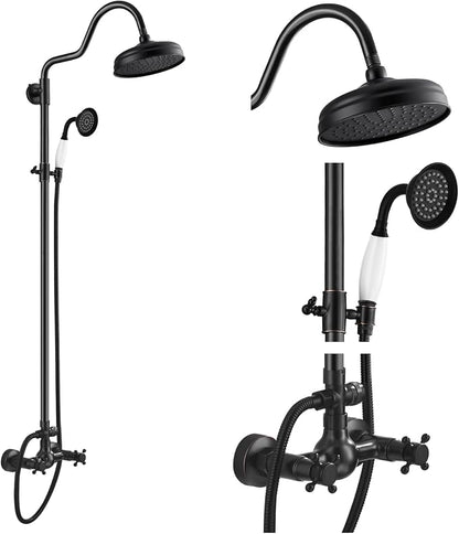gotonovo Exposed Shower Faucet Set Luxury,Oil Rubbed Bronze,Curved Arc Rod | Bathroom 8” Shower Head with Handheld Spray System Fixtures,Vintage Two Cross Handle,Wall Mount,for 5-6.7" Hole,Adjust Height