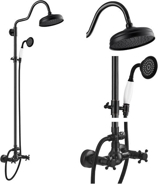 gotonovo Exposed Shower Faucet Set Luxury,Oil Rubbed Bronze,Curved Arc Rod | Bathroom 8” Shower Head with Handheld Spray System Fixtures,Vintage Two Cross Handle,Wall Mount,for 5-6.7" Hole,Adjust Height