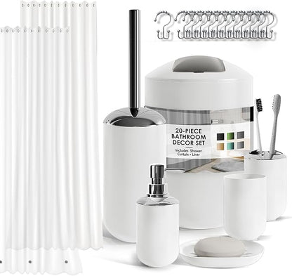 Clara Clark Bathroom Set - White Bathroom Accessories Set, 20PC Bathroom Accessory Set, Shower Curtain Set with Liner, Toothbrush Holder, Soap Dispenser, Soap Dish, Toilet Brush Holder, and Trash Can