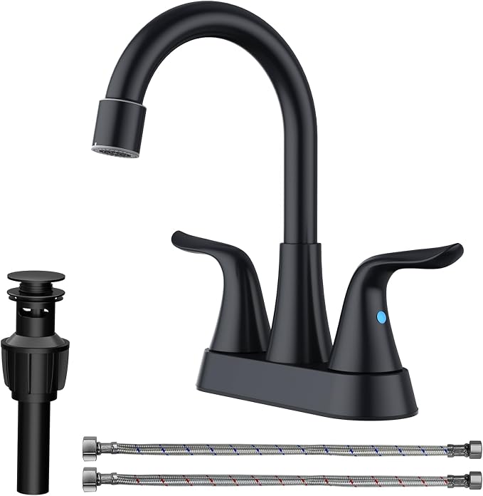 Bathroom Sink Faucet 4 inch, NSF Certified, 3 Hole, Matte Black | 2 or 3 Hole, Vanity Faucet with Pop-up Drain and 2 Supply Hoses, 2 Handle Touch on Bathroom Sink Faucets