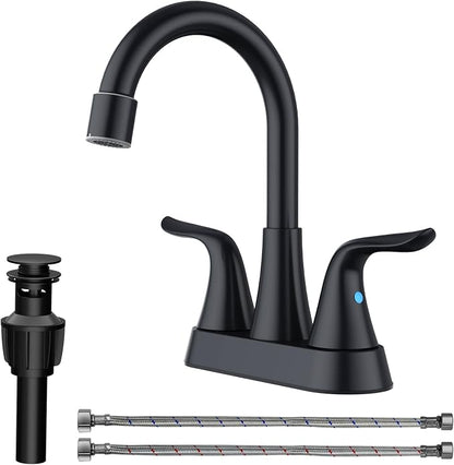 Bathroom Sink Faucet 4 inch, NSF Certified, 3 Hole, Matte Black | 2 or 3 Hole, Vanity Faucet with Pop-up Drain and 2 Supply Hoses, 2 Handle Touch on Bathroom Sink Faucets