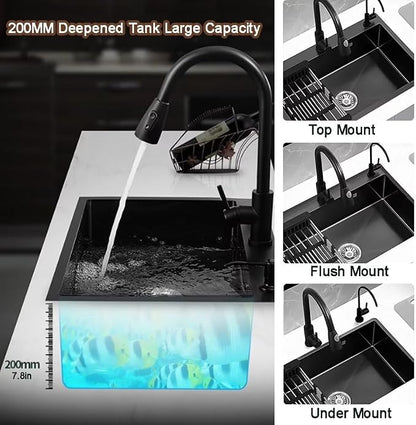 Black Drop in Kitchen Sink, Stainless Steel Single Bowl Sink with 3 Holes, Topmount Workstation Sink, Farmhouse Rectangle Basin with Multiple Accessories (21.7 * 17.7 * 7.9in)