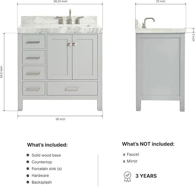 ARIEL Cambridge 36-inch Bathroom Vanity with Sink,Solid Wood, 2-inch Italian Carrara Marble Countertop, Single Rectangular Porcelain Sink, 2 Soft Closing Doors, 5 Dovetail Drawers, Grey