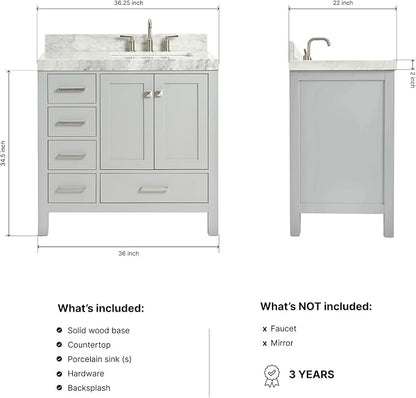 ARIEL Cambridge 36-inch Bathroom Vanity with Sink,Solid Wood, 2-inch Italian Carrara Marble Countertop, Single Rectangular Porcelain Sink, 2 Soft Closing Doors, 5 Dovetail Drawers, Grey