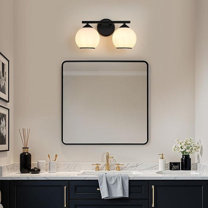 Milk Glass Bathroom Vanity Light Over Mirror, 2 Light Matte Black Bathroom Light Fixtures with Frosted Globe Glass Shade, Modern Vanity Lighting Wall Mounted