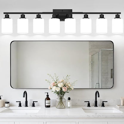 Indoi 8-Light Bathroom Light Fixtures, Matte Black Modern Vanity Lights with Milky White Shades, Bathroom Wall Lamp for Mirror Living Room Cabinet Bedroom Porch