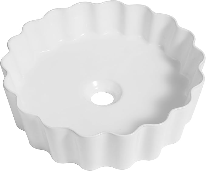 JONATHAN Y SNK1005A 15" Round Bathroom Vessel Sink, Art Deco Scallop Above Counter Vanity Sink, White Ceramic Basin for Modern Powder Room and Lavatory