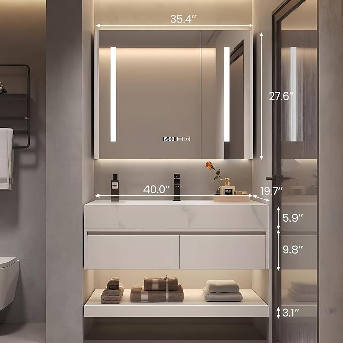 40" Bathroom Vanity with Sink, Single Sink Bathroom Vanity with Smart LED Defog Mirror, Display Time, Ceramic Sink, Soft Closing, Fully Pre-Assembled, Ample Storage, Medicine Cabinet Set