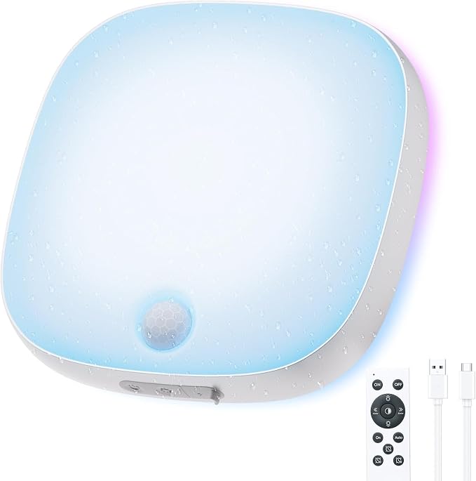 NARUNDREN IP65 Motion Sensor Shower Ceiling Light 10000mAh 18 Colors | 300LM LED, 3CW+15RGB & 5-Step Dimmable, Rechargeable Battery Operated w/Remote, Waterproof Light for Bathroom & Closet