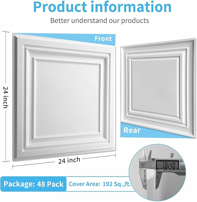 Art3d PVC Ceiling Tiles, 2'x2' Plastic Sheet in Pure White (48-Pack, Multi-Pack)