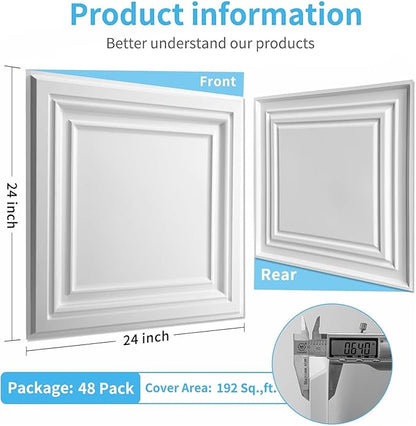 Art3d PVC Ceiling Tiles, 2'x2' Plastic Sheet in Pure White (48-Pack, Multi-Pack)