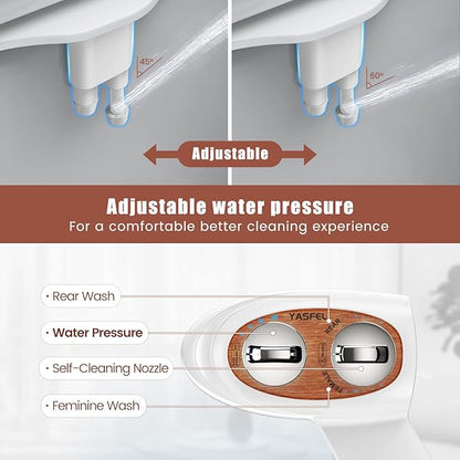 YASFEL Bidet, Self-Cleaning Bidet Attachment for Toilet - Non Electric Dual Nozzles Cold Water Bidet Toilet Seat Attachment with Adjustable Pressure Control, for Frontal & Rear Wash (Wood Color)
