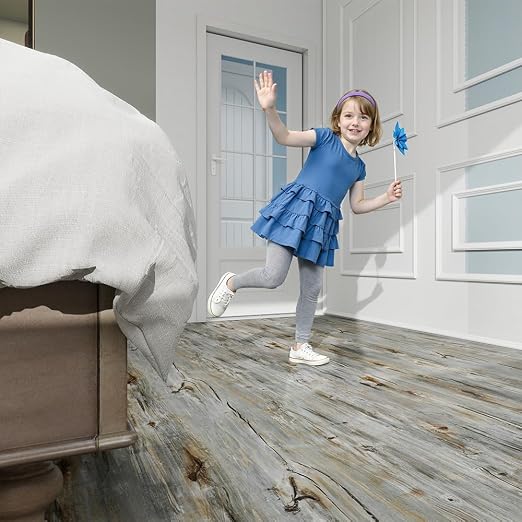 Wood Grain Peel and Stick Floor Tiles, 11.8" W × 394" L, Tide‑Washed | Soft wood‑look finish, Good for renters and DIY users, Non‑slip texture, Waterproof, Budget‑friendly option, Easy to use
