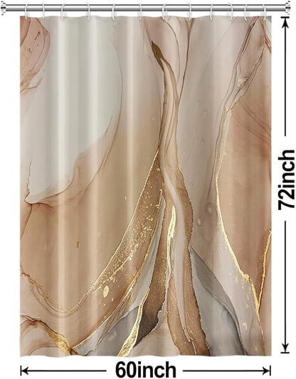 Brown Shower Curtain, Modern Brown Gold Grey Marble Shower Curtain for Bathroom Aesthetic Ink Texture Waterproof Shower Curtain Set with Hooks, 60x72 Inch