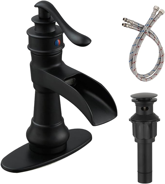 Black Bathroom Sink Faucet Waterfall Bath Faucets Single Handle | Single Hole Deck Mounted, Includes Matching Pop Up Drain and Supply Hose, Farmhouse Antique Commercial, Lead-free Brass