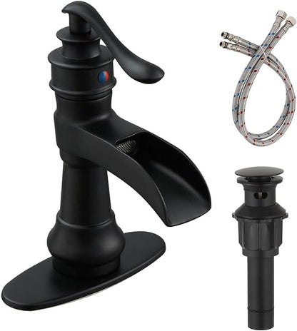 Black Bathroom Sink Faucet Waterfall Bath Faucets Single Handle | Single Hole Deck Mounted, Includes Matching Pop Up Drain and Supply Hose, Farmhouse Antique Commercial, Lead-free Brass