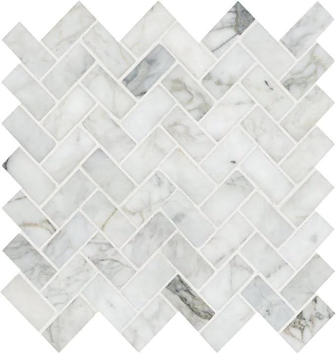 MSI Calacatta Cressa Herringbone Honed Marble Tile for Kitchen Backsplash, Wall Tile for Bathroom, Accent Wall Tile, and Shower Wall Tile, Mesh-Mounted Mosaic Tile, 11.61 x 11.61, White, 10 Piece