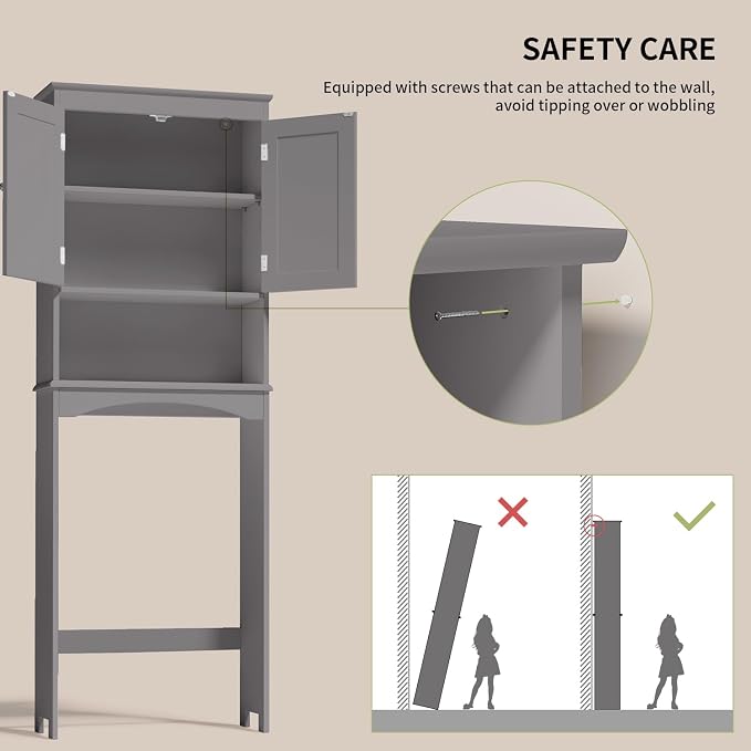 Gizoon Over the Toilet Storage Cabinet with Adjustable Shelf, Grey | Bathroom Space Saver Organizer Above Toilet with Open Shelf and Double Doors, Taller Wooden Free Standing Toilet Rack