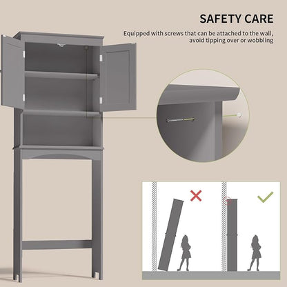 Gizoon Over the Toilet Storage Cabinet with Adjustable Shelf, Grey | Bathroom Space Saver Organizer Above Toilet with Open Shelf and Double Doors, Taller Wooden Free Standing Toilet Rack