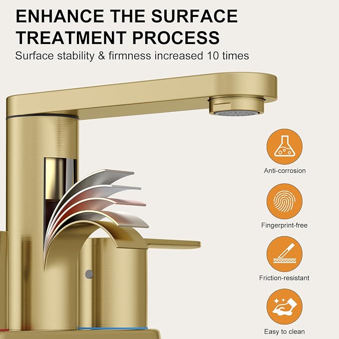 BWE Brushed Gold Bathroom Faucets 4 Inch Centerset Faucet for Bathroom Sink | 2 or 3 Hole Basin 2-Handle 360° Swivel Spout Bathroom Sink Faucet with Pop up Drain Water Supply Hose for Farmhouse Vanity RV