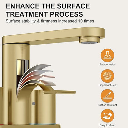 BWE Brushed Gold Bathroom Faucets 4 Inch Centerset Faucet for Bathroom Sink | 2 or 3 Hole Basin 2-Handle 360° Swivel Spout Bathroom Sink Faucet with Pop up Drain Water Supply Hose for Farmhouse Vanity RV