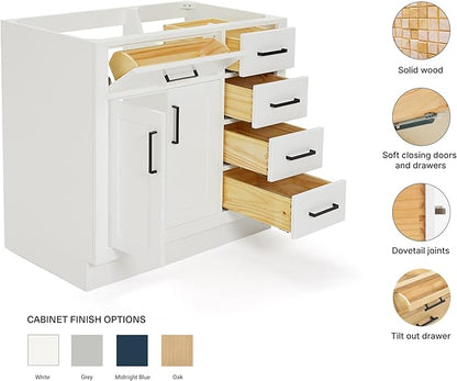 ARIEL Hepburn 36-inch Bathroom Vanity Base Cabinet,Solid Wood, 2 Soft Closing Doors, 5 Dovetail Drawers, White