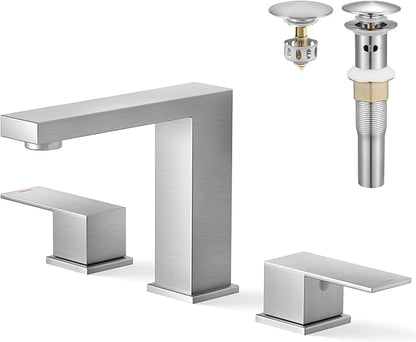 KES Brushed Nickel Bathroom Faucet 3 Hole, 8-Inch Widespread Bathroom Sink Faucet with Metal Bathroom Sink Drain with Overflow, Vanity Faucet with cUPC Supply Line, L4350LFF12-BS-C1