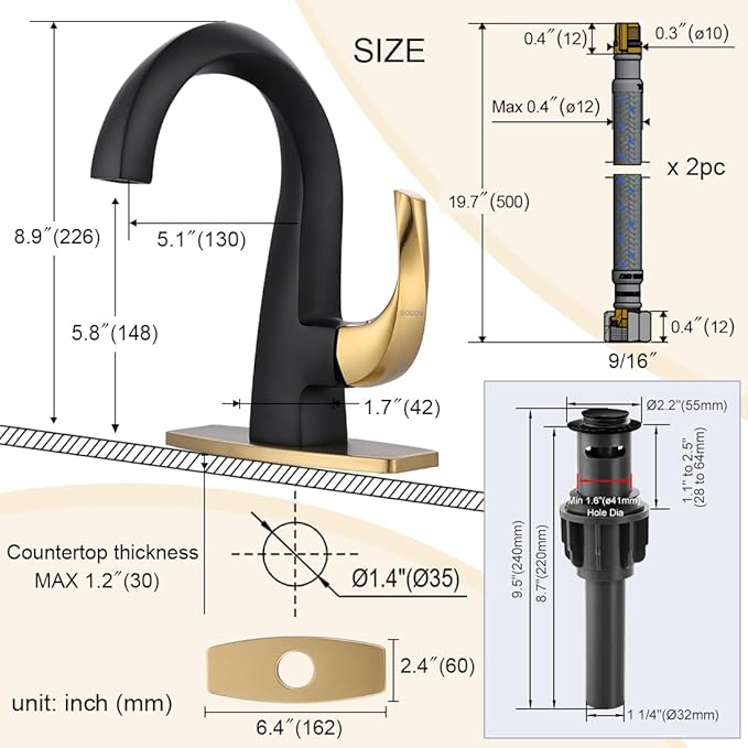 WOWOW Single Handle Bathroom Faucet 1 Hole High Arc Bathroom Basin Faucet Black and Gold with Pop-up Drain, Solid Brass Commercial Bathroom Sink Basin Vanity Bar Faucet (Patented Product)