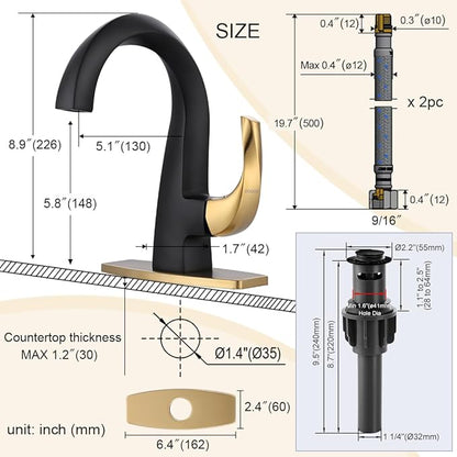 WOWOW Single Handle Bathroom Faucet 1 Hole High Arc Bathroom Basin Faucet Black and Gold with Pop-up Drain, Solid Brass Commercial Bathroom Sink Basin Vanity Bar Faucet (Patented Product)