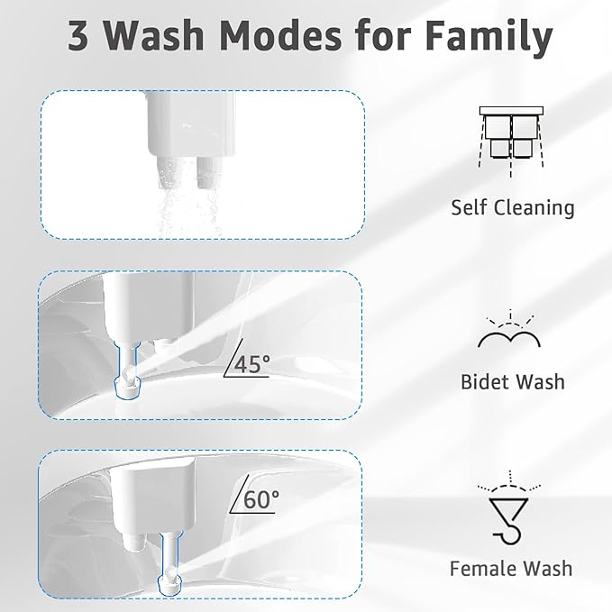 Bidet Attchment for Toilet Grey, Cold Water No-Electric, 3 Wash Modes [Frontal Wash + Rear Wash + Self-Cleaning]，Dual Nozzles Water Pressure Adjustable, Grey