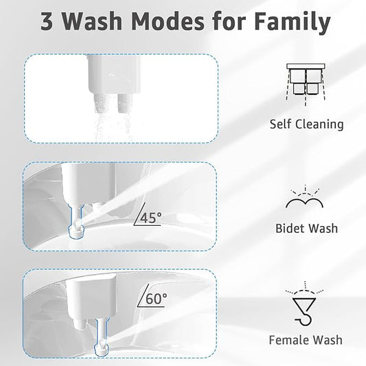 Bidet Attchment for Toilet Grey, Cold Water No-Electric, 3 Wash Modes [Frontal Wash + Rear Wash + Self-Cleaning]，Dual Nozzles Water Pressure Adjustable, Grey