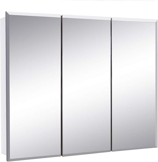 Design House Cyprus Medicine Cabinet, 3 Frameless Mirrored Doors, 2 Adjustable Shelves, Pre-Assembled, Surce or Recess-Mounted, White, 36.3 in. W x 4.4 in. D x 30.1 in. H, 590265
