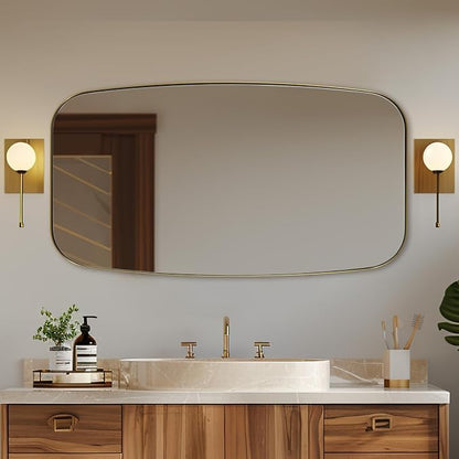 30x55 Full Length Wall Mirror, Brushed Gold Oblong Shaped Body Mirror with Stainless Steel Metal Frame, Rounded Corner Design for Floor and Leaning