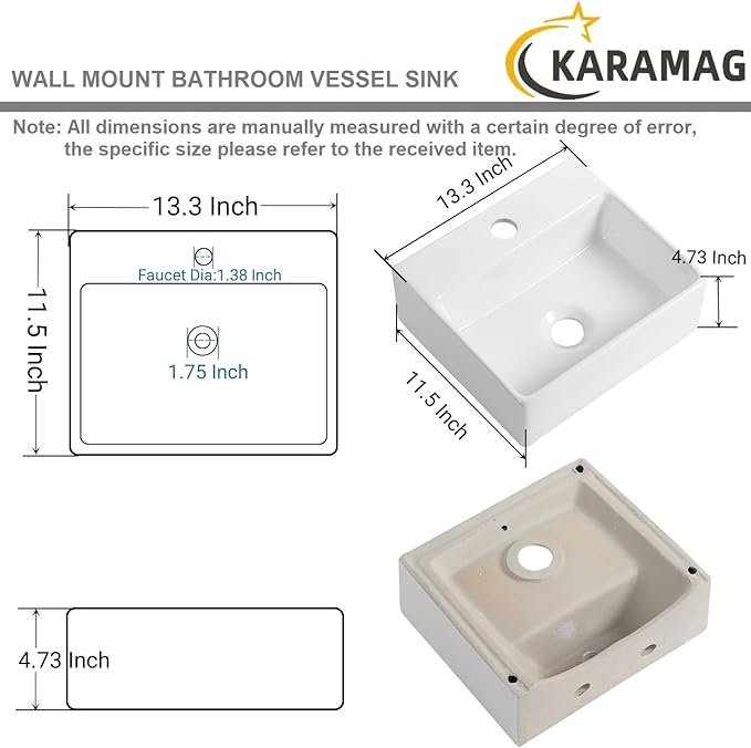 Small Vessel Sink 13"x11" Wall Mount Bathroom Sink Rectangular White Porcelain Ceramic Mini Floating Tiny Bathroom Wall Mounted RV Sink