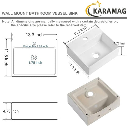 Small Vessel Sink 13"x11" Wall Mount Bathroom Sink Rectangular White Porcelain Ceramic Mini Floating Tiny Bathroom Wall Mounted RV Sink