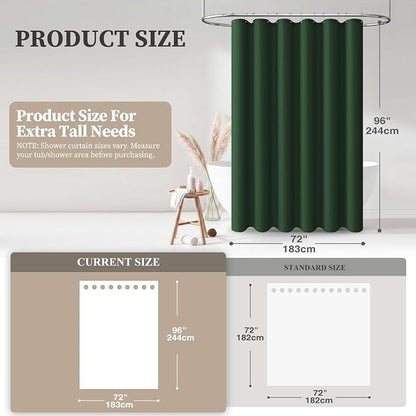 Extra Long Linen Textured Fabric Shower Curtain, 72x96, Emerald Green | Extra Tall Size, 230GSM Polyester, Heavy Duty Waterproof Cloth, Weighted Hem, 12 Hooks, Modern Hotel Style, Machine Washable