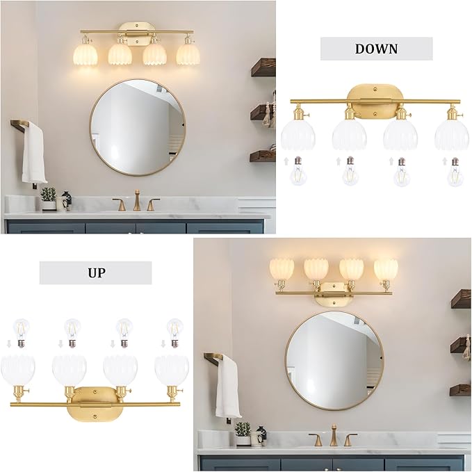 Bathroom Light Fixtures, 4-Light Brass Vanity wall Light Over Mirror with White Tulip Glass Shade for Bedroom Living Room (Bulb Not Included)