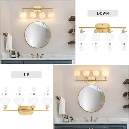 Bathroom Light Fixtures, 4-Light Brass Vanity wall Light Over Mirror with White Tulip Glass Shade for Bedroom Living Room (Bulb Not Included)