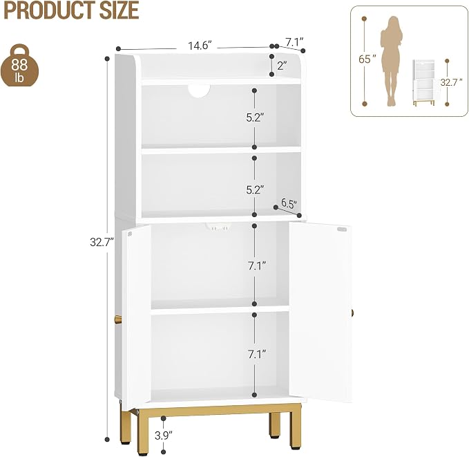 Hzuaneri Bathroom Storage Cabinet, Small Floor Cabinet with 2 Door | Toilet Paper Cabinets, Bathroom Organizer with Adjustable Shelf, for Small Spaces White, Arch Door,7.1" Dx14.6 Wx32.7 H