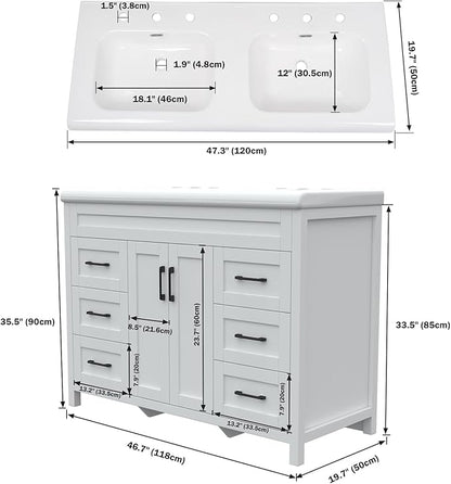 Bathroom Vanity with Double Sink, 48 inch Modern Bathroom Storage Cabinet with Undermount Ceramic Sink, Soft Closing Doors and 6 Drawers, White