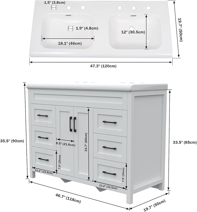 48 inch Bathroom Vanity with Double Sink, Modern Bathroom Storage Cabinet with Undermount Ceramic Sink, Soft Closing Doors and 6 Drawers, White