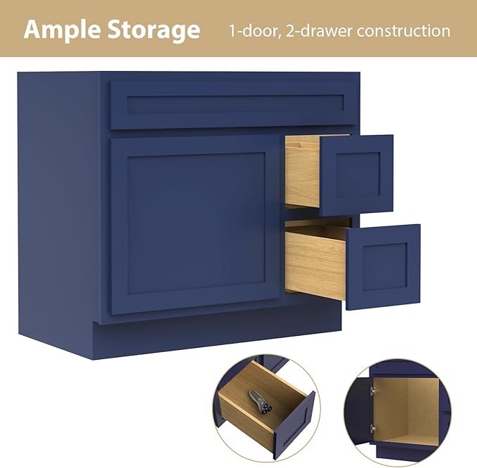 Vanity Art 36 Inch Single Shutter Door Bathroom Vanity Base Cabinet with 2 Functioning Shaker Drawers, Strudy Floor Mount Storage Cabinet Organizer for Bedroom, Living Room, Kitchen, VA4036-2RBLUE