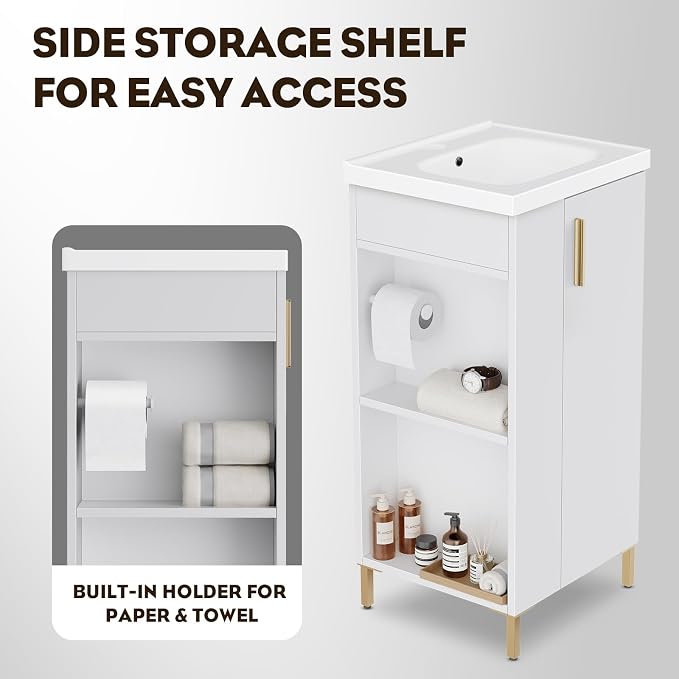 16 Inch White Pre-Assembled Bathroom Vanity Fit for Small Space, Bathroom Vanity with Ceramic Sink,Soft Close Door, Left Side Storage,Compact Modern Design,No Faucet,BV05-16-WHITE-PLUS-0128