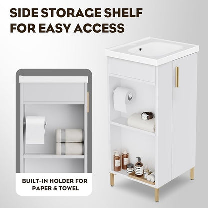 16 Inch White Pre-Assembled Bathroom Vanity Fit for Small Space, Bathroom Vanity with Ceramic Sink,Soft Close Door, Left Side Storage,Compact Modern Design,No Faucet,BV05-16-WHITE-PLUS-0128