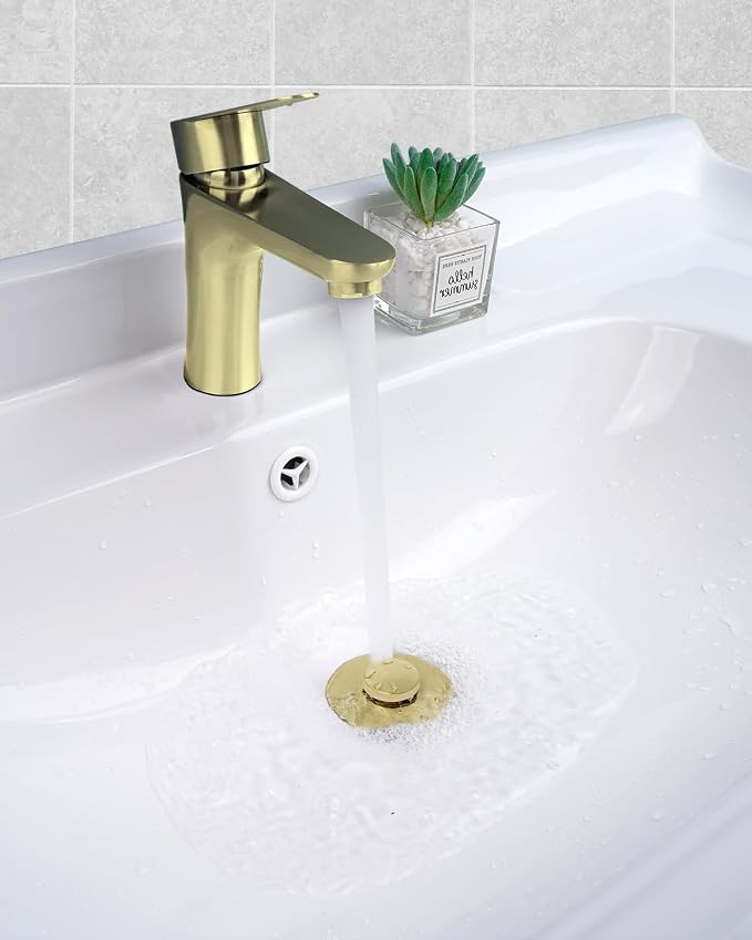 Hibbent All Metal Universal Bathroom Sink Stopper for 1.1''~2.3'' Basin, Pop Up Sink Drain Strainer, Brass Bullet Core Push Type Stopper, Stainless Steel Anti Clogging Drain Filter, Brushed Gold