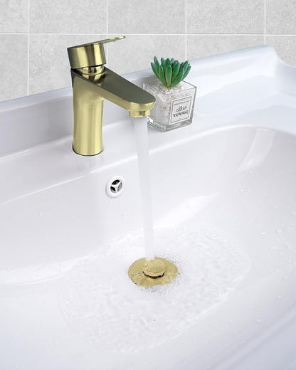 Hibbent All Metal Universal Bathroom Sink Stopper for 1.1''~2.3'' Basin, Pop Up Sink Drain Strainer, Brass Bullet Core Push Type Stopper, Stainless Steel Anti Clogging Drain Filter, Brushed Gold