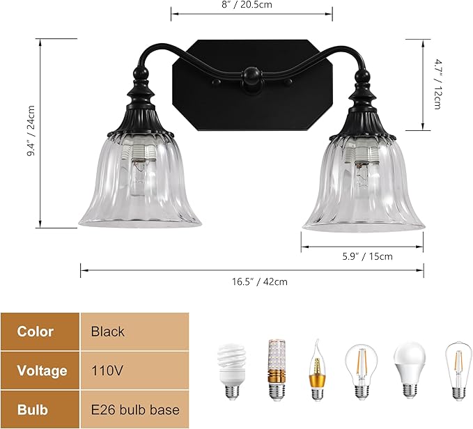 Bathroom Vanity Light Fixture, 2 Lights Bathroom Lighting Matte Antique Brass Finish with Crystal Glass Shade, Vintage Vanity Light for Bathrooms