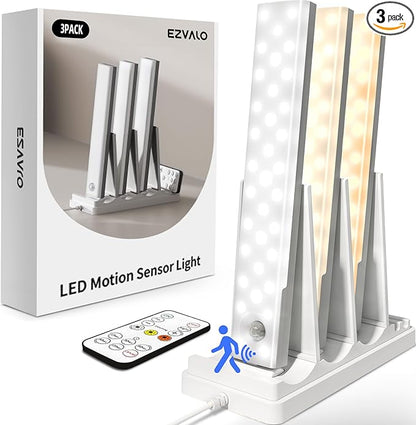 EZVALO 3-Pack Under Cabinet Lighting with Charging Station, 1800mAh Rechargeable Wireless Motion Sensor Lights, 3 Color Temps, Dimmable, Timer, Magnetic, with Remote Control for Kitchen, Closet