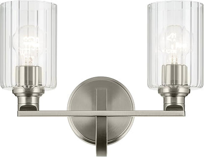 Kichler Gioe 14.25" 2-Light Vanity Light with Clear Fluted Glass in Brushed Nickel, Damp Rated, for Bathroom, Powder Room, Over a Mirror, (14.25" W x 10.5" H), 55225NIFLU